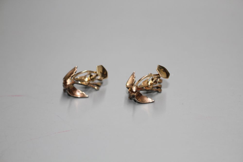 A pair of Victorian yellow metal and rose cut diamond set swallow ear clips (adapted),